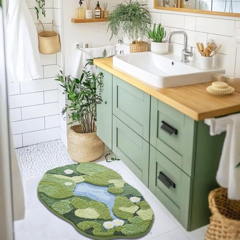 24" X 43" 3d Green Floral Area Bathroom Rug Non Slip Water Absorbent Bath Mat - Picture 4 of 9